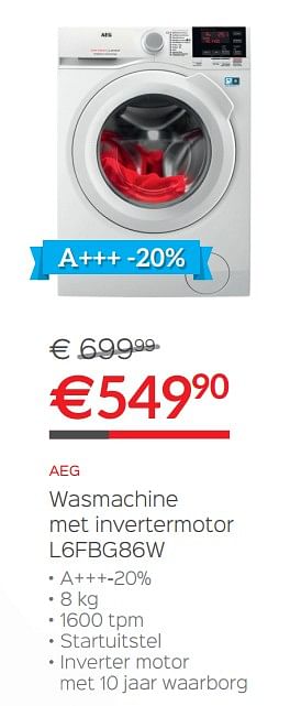 Promoties Aeg wasmachine met invertermotor l6fbg86w - AEG - Geldig van 29/06/2017 tot 31/07/2017 bij ShopWillems