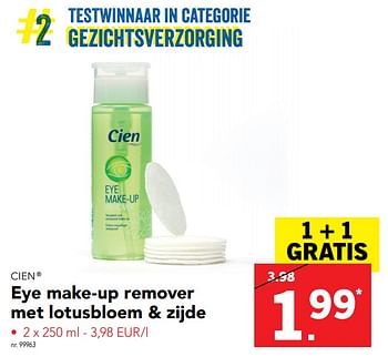 Promoties Eye make­up remover met lotusbloem + zijde - Cien - Geldig van 17/07/2017 tot 22/07/2017 bij Lidl