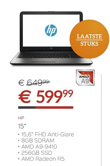 Promoties Hp 15`` laptop - HP - Geldig van 01/07/2017 tot 31/07/2017 bij Auva