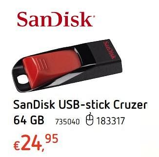 Promotions Sandisk usb-stick cruzer 64 gb - Sandisk - Valide de 27/07/2017 à 20/09/2017 chez Dreamland