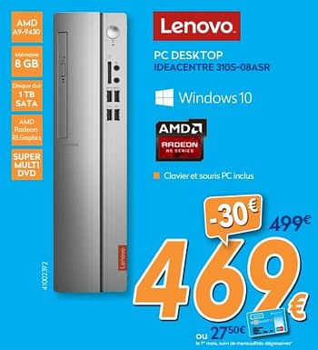 Promoties Lenovo pc desktop ideacentre 310s-08asr - Lenovo - Geldig van 01/08/2017 tot 27/08/2017 bij Krefel