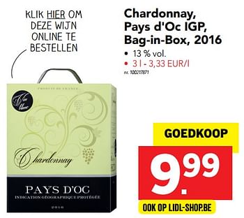 Promotions Chardonnay, pays d`oc igp, bag-in-box, 2016 - Vins blancs - Valide de 14/08/2017 à 19/08/2017 chez Lidl