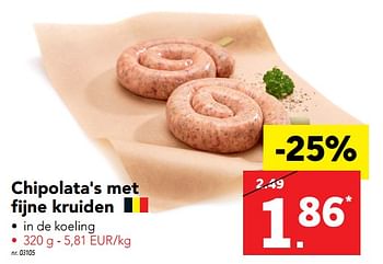 Promoties Chipolata met fijne kruiden - Huismerk - Lidl - Geldig van 14/08/2017 tot 19/08/2017 bij Lidl
