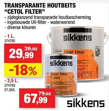 Promotions Sikkens transparante houtbeits cetol filter - Sikkens - Valide de 09/08/2017 à 27/08/2017 chez Hubo