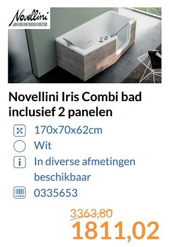 Promoties Novellini iris combi bad inclusief 2 panelen - Novellini - Geldig van 01/09/2017 tot 30/09/2017 bij Sanitairwinkel