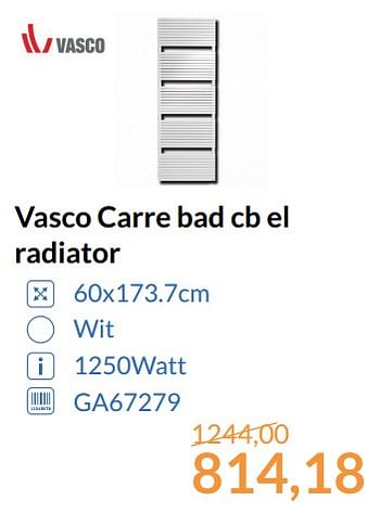 Promoties Vasco carre bad cb el radiator - Vasco - Geldig van 01/09/2017 tot 30/09/2017 bij Sanitairwinkel