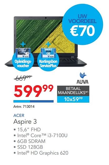 Promoties Acer laptop aspire 3 - Acer - Geldig van 23/08/2017 tot 03/09/2017 bij Auva