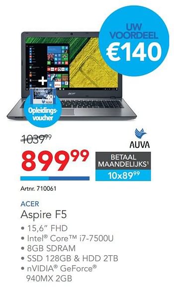 Promoties Acer laptop aspire f5 - Acer - Geldig van 23/08/2017 tot 03/09/2017 bij Auva
