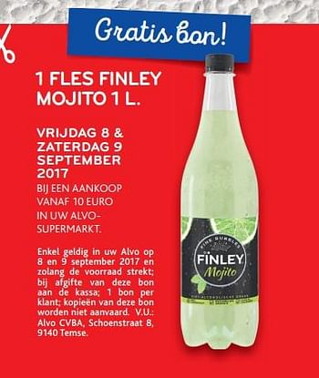 Promoties Gratis bon 1 fles finley mojito 1 l vrijdag 8 & zaterdag 9 september 2017 bij aankoop van 10 euro in u alvo- supermarkt - Finley - Geldig van 06/09/2017 tot 19/09/2017 bij Alvo