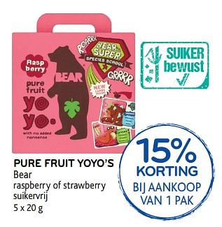 Promoties Pure fruit yoyo`s bear raspberry of strawberry suikervrij - Bear - Geldig van 06/09/2017 tot 19/09/2017 bij Alvo