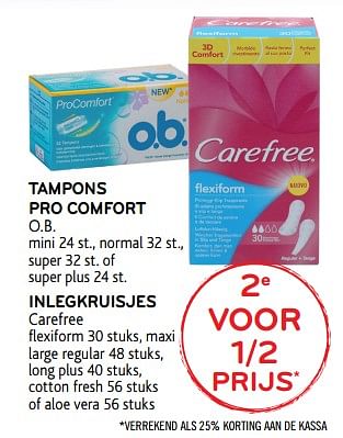 Promoties Tampons pro comfort o.b. - inlegkruisjes carefree - Huismerk - Alvo - Geldig van 06/09/2017 tot 19/09/2017 bij Alvo
