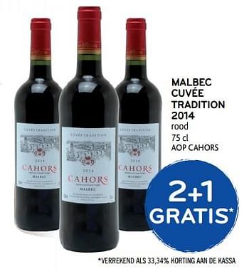 Promoties 2+1 gratis malbec cuvée tradition 2014 - Rode wijnen - Geldig van 06/09/2017 tot 19/09/2017 bij Alvo