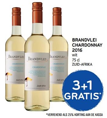 Promoties 3+1 gratis brandvlei chardonnay 2016 - Witte wijnen - Geldig van 06/09/2017 tot 19/09/2017 bij Alvo