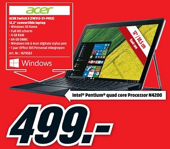 montaje camión Para editar Acer Acer switch 3 (sw312-31-p9e2) convertible laptop - Promotie bij Media  Markt