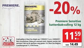 Promoties Premiere sensitive kattenbakvulling - Premiere - Geldig van 17/09/2017 tot 23/09/2017 bij Maxi Zoo