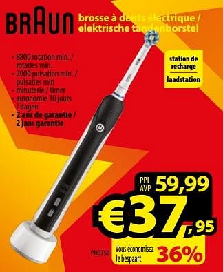 Promoties Braun brosse à dents électrique - elektrische tandenborstel pro750 - Braun - Geldig van 01/09/2017 tot 30/09/2017 bij ElectroStock