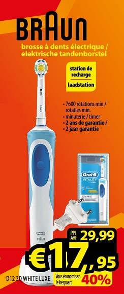 Promotions Braun brosse à dents électrique - elektrische tandenborstel d12 3d white luxe - Braun - Valide de 01/09/2017 à 30/09/2017 chez ElectroStock