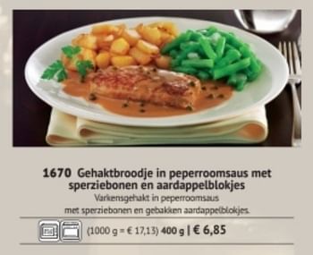 Promoties Gehaktbroodje in peperroomsaus met sperziebonen en aardappelblokjes - Huismerk - Bofrost - Geldig van 01/09/2017 tot 28/02/2018 bij Bofrost