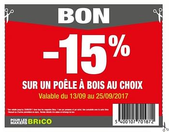 Promotions -15% sur un poêle à bois au choix - Produit maison - Brico - Valide de 12/09/2017 à 25/09/2017 chez Brico