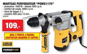 Promotions Powerplus marteau perforateur powx1175 - Powerplus - Valide de 13/09/2017 à 24/09/2017 chez Hubo