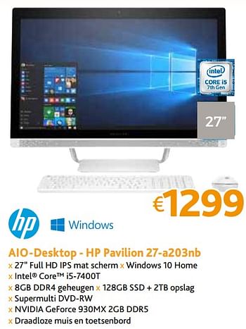 Promoties Aio-desktop- hp pavilion 27-a203nb - HP - Geldig van 01/09/2017 tot 30/09/2017 bij Connect IT