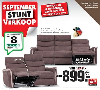 Promoties Model ruby met 2 relaxsystemen - Huismerk - Seats and Sofas - Geldig van 17/09/2017 tot 23/09/2017 bij Seats and Sofas