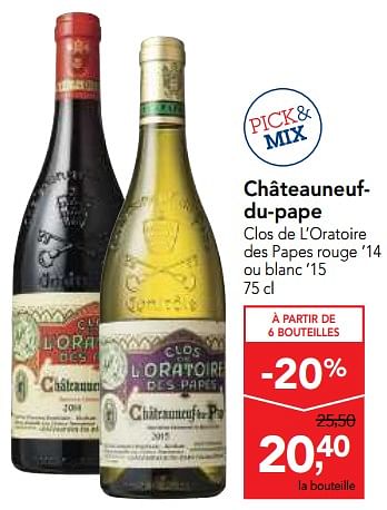 Promotions Châteauneufdu-pape clos de l`oratoire des papes rouge 14 - Vins rouges - Valide de 20/09/2017 à 03/10/2017 chez Makro