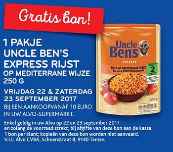 Promotions 1 pakje uncle ben`s express rijst op mediterrane wijze - Uncle Ben's - Valide de 20/09/2017 à 03/10/2017 chez Alvo