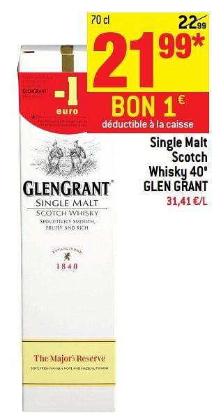 Promotions Single malt scotch whisky 40° glen grant - Glengrant - Valide de 20/09/2017 à 26/09/2017 chez Match