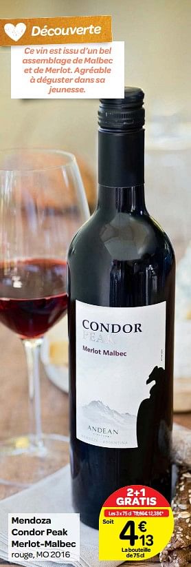 Promoties Mendoza condor peak merlot-malbec rouge, mo 2016 - Rode wijnen - Geldig van 20/09/2017 tot 23/10/2017 bij Carrefour