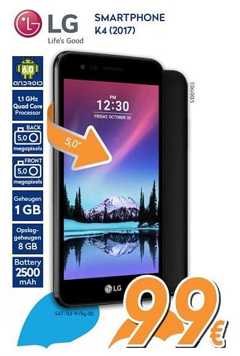 Promoties Lg smartphone k4 (2017) - LG - Geldig van 28/09/2017 tot 28/10/2017 bij Krefel