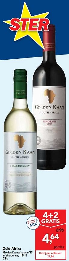 Promoties Zuid-afrika golden kaan pinotage `15  of chardonnay `15-`16  - Witte wijnen - Geldig van 04/10/2017 tot 17/10/2017 bij Makro