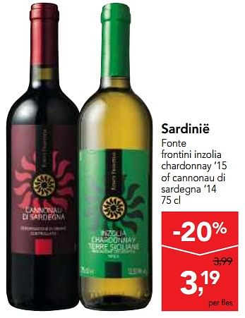 Promoties Sardinië fonte frontini inzolia chardonnay `15  of cannonau di sardegna `14 - Rode wijnen - Geldig van 04/10/2017 tot 17/10/2017 bij Makro