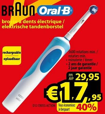 Promotions Braun oral-b brossa á dents électriqutrische - elektrische tandenborstel d12 cross action - Braun - Valide de 29/09/2017 à 31/10/2017 chez ElectroStock