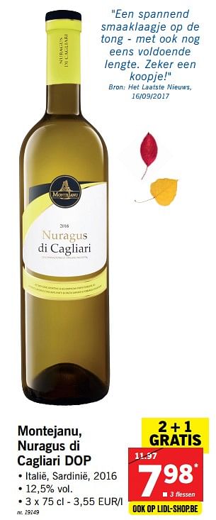 Promoties Montejanu nuragus di cagliari dop - Witte wijnen - Geldig van 09/10/2017 tot 14/10/2017 bij Lidl