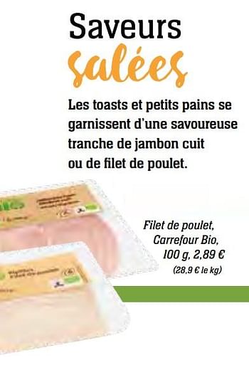 Promotions Filet de poulet, carrefour bio - Produit maison - Carrefour  - Valide de 01/10/2017 à 30/10/2017 chez Carrefour