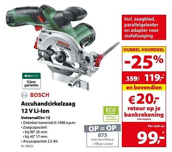 Promoties Bosch accuhandcirkelzaag 12 v li-ion universalcirc 12 - Bosch - Geldig van 11/10/2017 tot 23/10/2017 bij Gamma