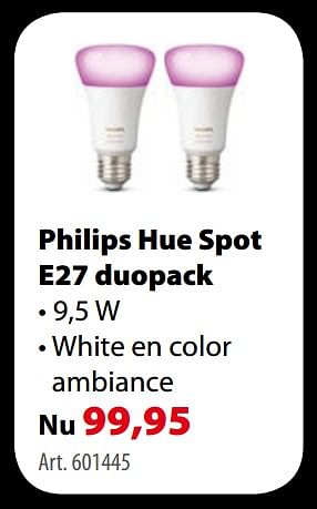 Promoties Philips hue spot e27 duopack - Philips - Geldig van 11/10/2017 tot 23/10/2017 bij Gamma