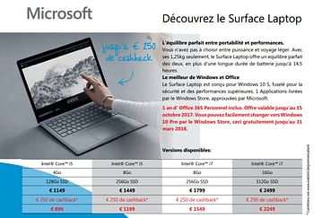 Promotions Microsoft surface laptop - Microsoft - Valide de 19/09/2017 à 31/10/2017 chez Exellent