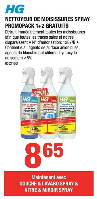 Promotions Hg nettoyeur de moisissures spray promopack 1+2 gratuits - HG - Valide de 28/09/2017 à 25/10/2017 chez HandyHome