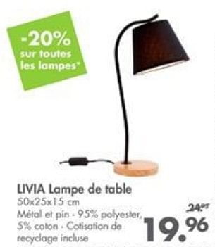 Promotions Livia lampe de table - Produit maison - Casa - Valide de 02/10/2017 à 29/10/2017 chez Casa