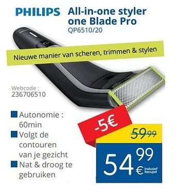 Promoties Philips all-in-one styler one blade pro qp6510-20 - Philips - Geldig van 02/10/2017 tot 31/10/2017 bij Eldi