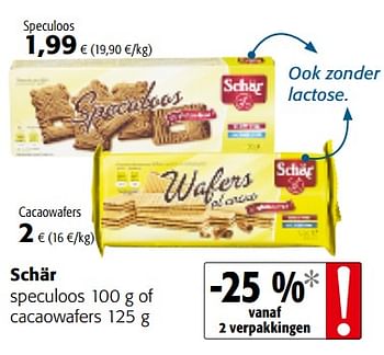 Promoties Schar speculoos of cacao wafers -25% vanaf 2 verpakkingen - Schar - Geldig van 04/10/2017 tot 17/10/2017 bij Colruyt