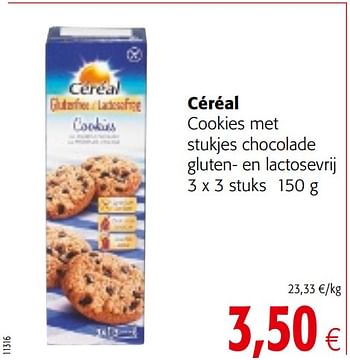 Promoties Céréal cookies met stukjes chocolade gluten- en lactosevrij - Céréal - Geldig van 04/10/2017 tot 17/10/2017 bij Colruyt