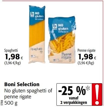 Promoties Boni selection no gluten spaghetti of penne rigate - Boni - Geldig van 04/10/2017 tot 17/10/2017 bij Colruyt