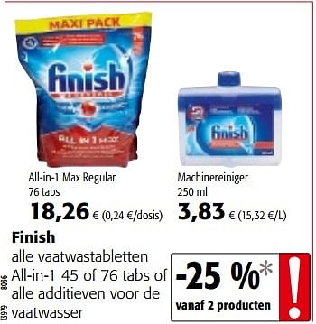 Promoties Finish alle vaatwastabletten all-in-1 45 of 76 tabs of alle additieven voor de vaatwasser - Finish - Geldig van 04/10/2017 tot 17/10/2017 bij Colruyt