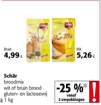 Promoties Schär broodmix wit of bruin brood gluten- en lactosevrij - Schar - Geldig van 04/10/2017 tot 17/10/2017 bij Colruyt