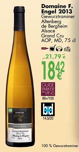Promoties Domaine f. engel 2013 gewurztraminer altenberg de bergheim alsace grand cru aop md - Witte wijnen - Geldig van 02/10/2017 tot 30/10/2017 bij Cora