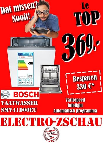 Promoties Bosch vaatwasser smv41d00eu - Huismerk - Electro Zschau - Geldig van 02/10/2017 tot 31/10/2017 bij Electro Zschau