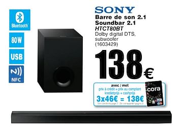 Promoties Sony barre de son 2.1 soundbar 2.1 htct80bt - Sony - Geldig van 10/10/2017 tot 23/10/2017 bij Cora